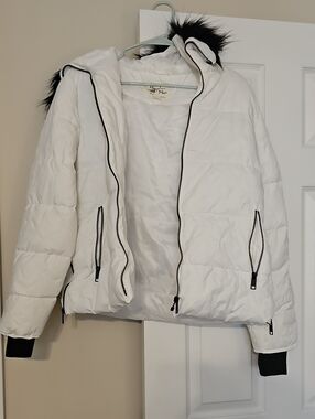 Maralyn & Me White Puffer Jacket with Black Trim and Faux Fur Hood